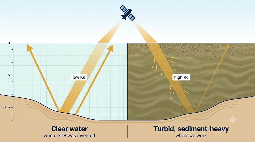 Nome, Alaska: airborne LiDAR depth (top) beside the PINN prediction (bottom) over the same nearshore area