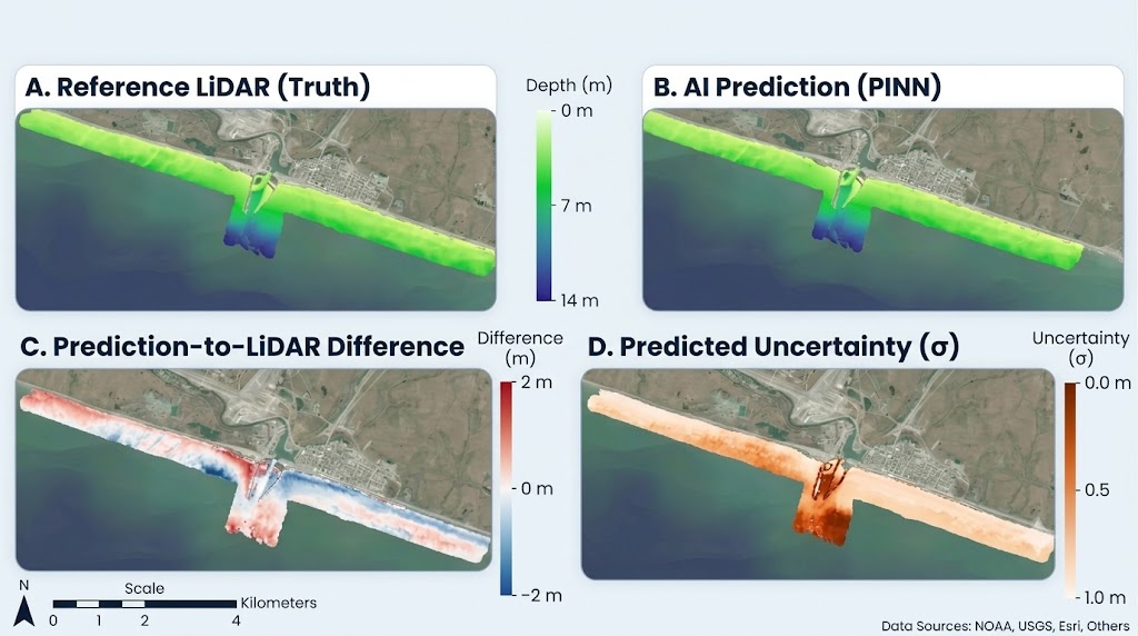 Nome: predicted depth (left) and total uncertainty (right) from the Bayesian KAN model